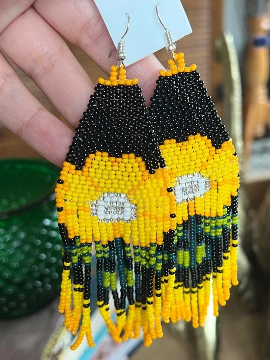 Handmade Beaded Sunflower Fringe Earrings - Yellow & Black - Picture 13 of 13